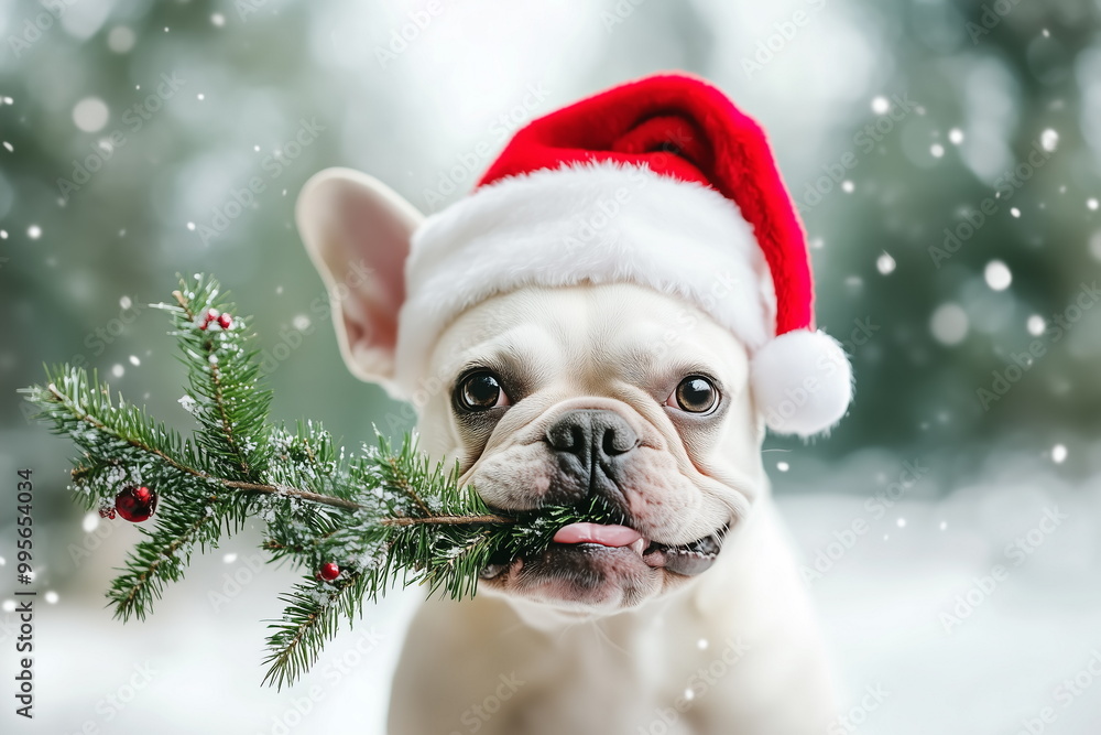 Happy white french bulldog dog wearing red santa hat holding decorated christmas tree branch at winter snow nature Happy white french bulldog dog wearing red santa hat holding decorated christmas tree branch at winter snow nature