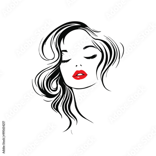 elegant style, with a beautiful woman's face, hair styled in retro waves, red lipstick