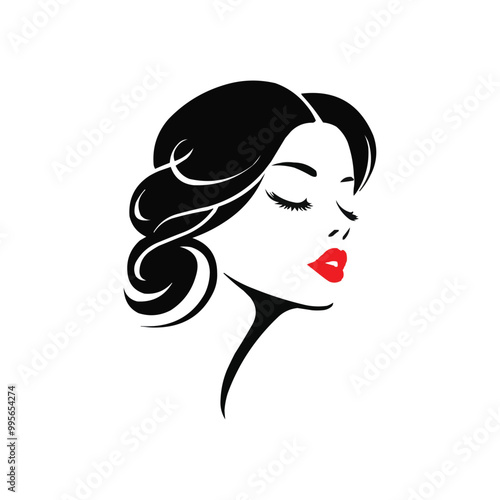 elegant style, with a beautiful woman's face, hair styled in retro waves, red lipstick