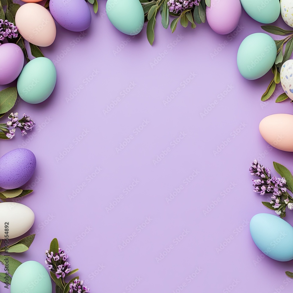 A vibrant arrangement of pastel-colored Easter eggs surrounded by greenery and flowers on a soft purple background. A vibrant arrangement of pastel-colored Easter eggs surrounded by greenery and flowers on a soft purple background.