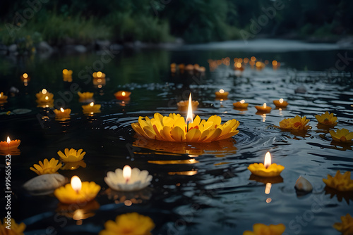 floating flowers with candlelight during Pitru Paksha photo