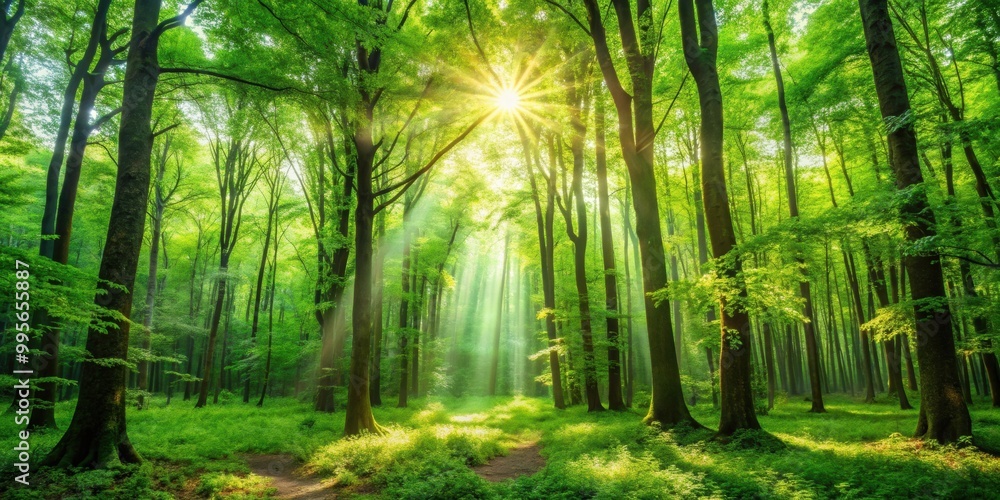 Obraz premium Lush green forest background with sunlight filtering through the trees, nature, foliage, trees, forest floor