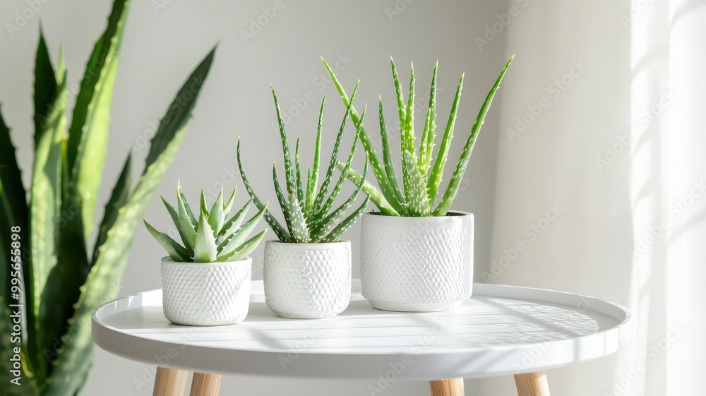 Three aloe vera plants in white pots on a round table, surrounded by bright light and green leaves, creating a fresh and airy atmosphere. Three aloe vera plants in white pots on a round table, surrounded by bright light and green leaves, creating a fresh and airy atmosphere.