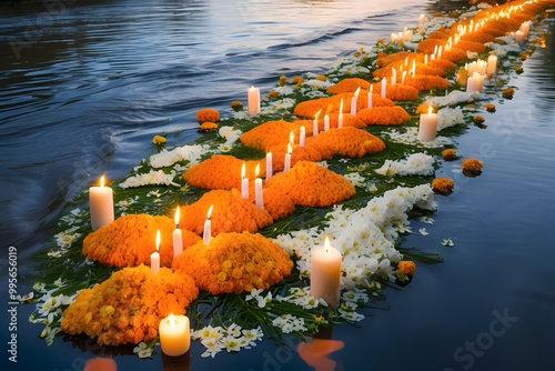 floating flowers with candlelight during Pitru Paksha photo