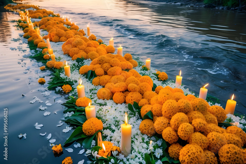 floating flowers with candlelight during Pitru Paksha photo