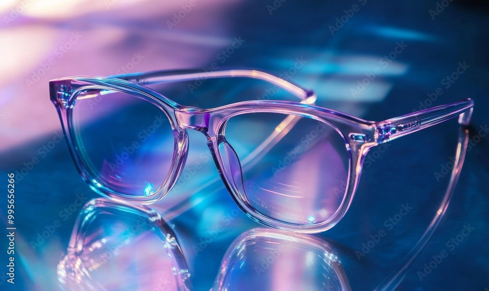 Clear glasses reflect iridescent light. Clear glasses reflect iridescent light.