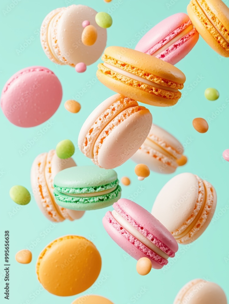 Colorful Macarons Floating with Dramatic Shadows - Aerial Backlit Gradient Colorful Macarons Floating with Dramatic Shadows - Aerial Backlit Gradient