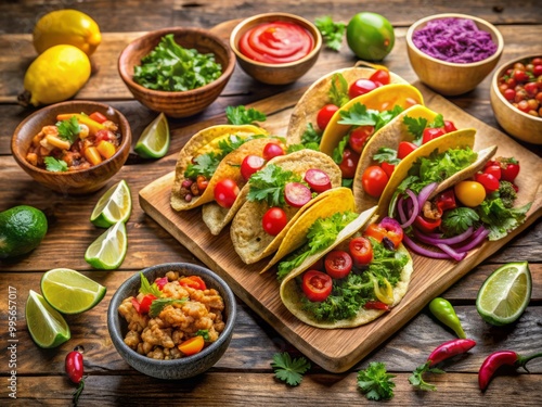 An eye-catching selection of colorful tacos filled with fresh ingredients, beautifully presented on a rustic wooden