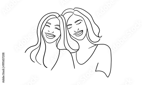Happy womans continuous line art drawing isolated on white background. Happy girlfriends outline. Vector illustration