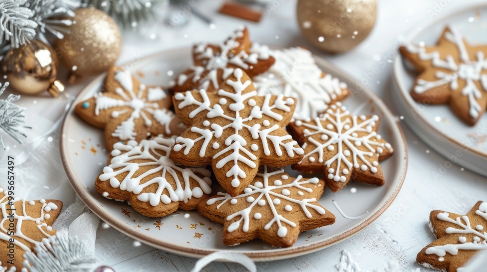 A plate of gingerbread cookies with white icing and snowflake designs A plate of gingerbread cookies with white icing and snowflake designs