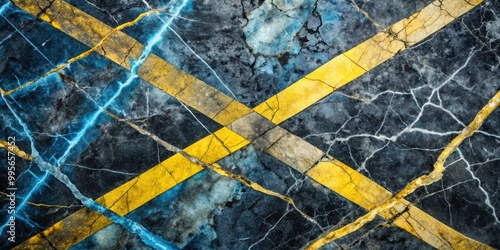 Marble surface with black and blue tones intersected by distressed yellow lines, marble, surface, black, blue, tones photo