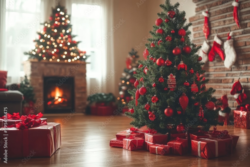A large Christmas tree with red ornaments and glowing lights standing beside a decorated fireplace in a cozy living room creating a festive holiday scene A large Christmas tree with red ornaments and glowing lights standing beside a decorated fireplace in a cozy living room creating a festive holiday scene