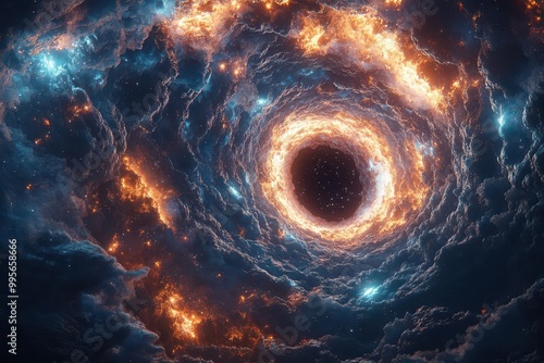 a mesmerizing 3d illustration depicts a swirling black hole surrounded by vibrant stars and clouds capturing the awe of cosmic phenomena in a striking imaginative visual experience