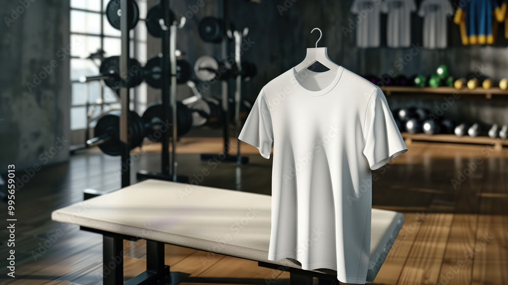 Plain white t-shirt on black bench with dumbbell in gym setting, showcasing fitness apparel and exercise equipment in a modern gym environment. High quality photo Plain white t-shirt on black bench with dumbbell in gym setting, showcasing fitness apparel and exercise equipment in a modern gym environment. High quality photo