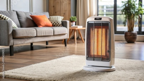Modern portable electric heater on carpet in living room during autumn and winter heating season, heater, portable, electric