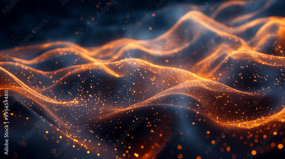Abstract background with black, gold, and dark green waves with shimmering particles. Generative AI Abstract background with black, gold, and dark green waves with shimmering particles. Generative AI