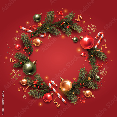 Square banner with gold and green Christmas symbols and place for text. Christmas tree, balls, golden tinsel confetti and snowflakes on a red background.
