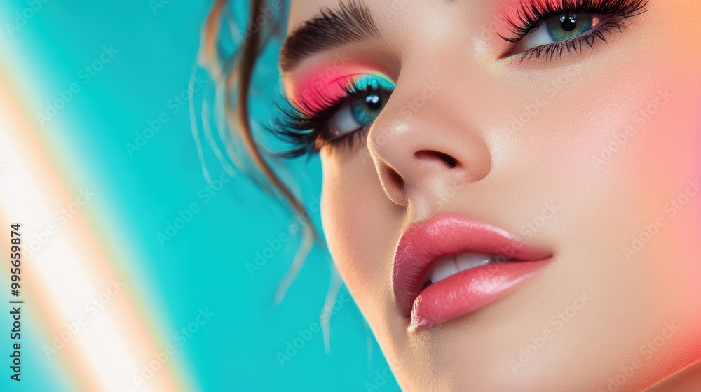 A model showcasing a neon inspired makeup look, with bold colors and accents reflecting the latest beauty trends. A model showcasing a neon inspired makeup look, with bold colors and accents reflecting the latest beauty trends.