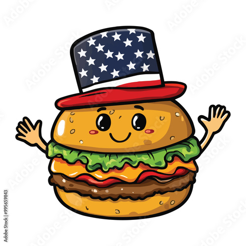 Cartoon character of a hamburger wearing an American hat, waving and smiling