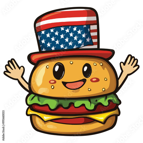 Cartoon character of a hamburger wearing an American hat, waving and smiling