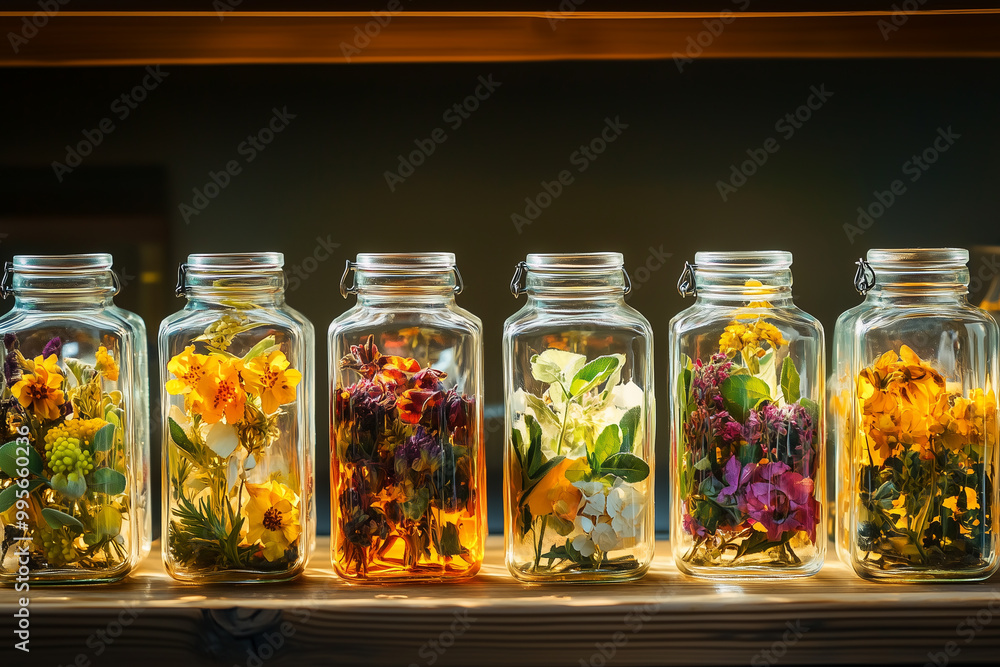 Artistic display of herbal infusions in glass jars.A row of jars with various beautiful flowers on a shelf Artistic display of herbal infusions in glass jars.A row of jars with various beautiful flowers on a shelf