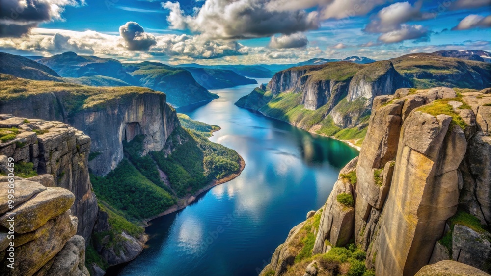 Fototapeta premium Breathtaking view of Kjeragbolten in the stunning Norwegian fjords, Norway, Kjeragbolten, fjords, nature, cliffs