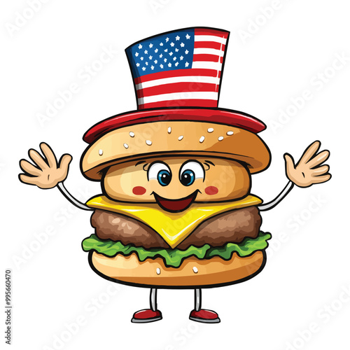 Cartoon character of a hamburger wearing an American hat, waving and smiling
