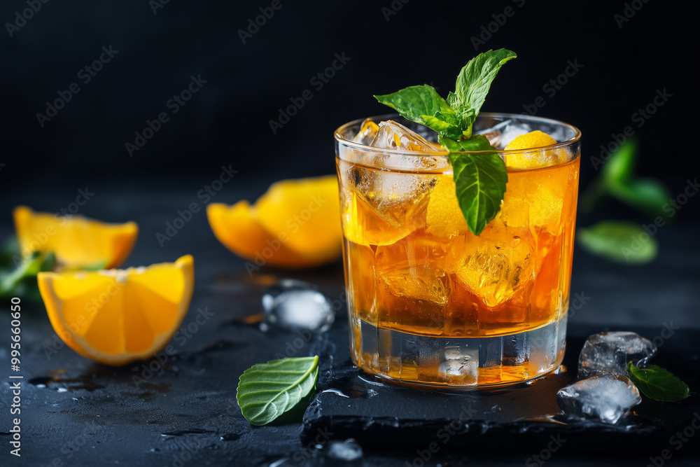 Bartender's guidebook with recipes and cocktail ideas..A glass of whiskey with ice and orange slices rests on a table Bartender's guidebook with recipes and cocktail ideas..A glass of whiskey with ice and orange slices rests on a table