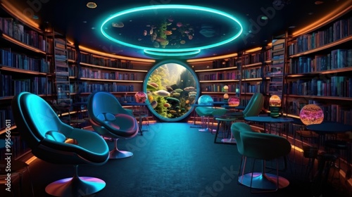 Futuristic Library with Underwater Window