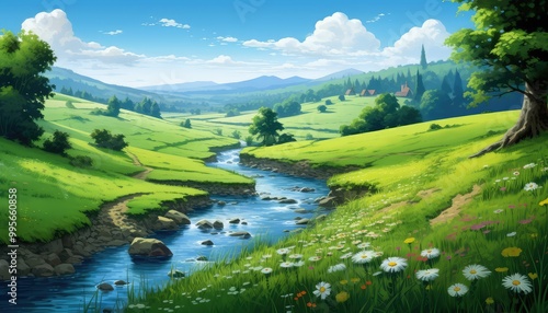 Idyllic meadow and river rural landscape wallpaper