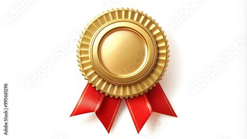 Golden award badge with a red ribbon is shining on a white background photo