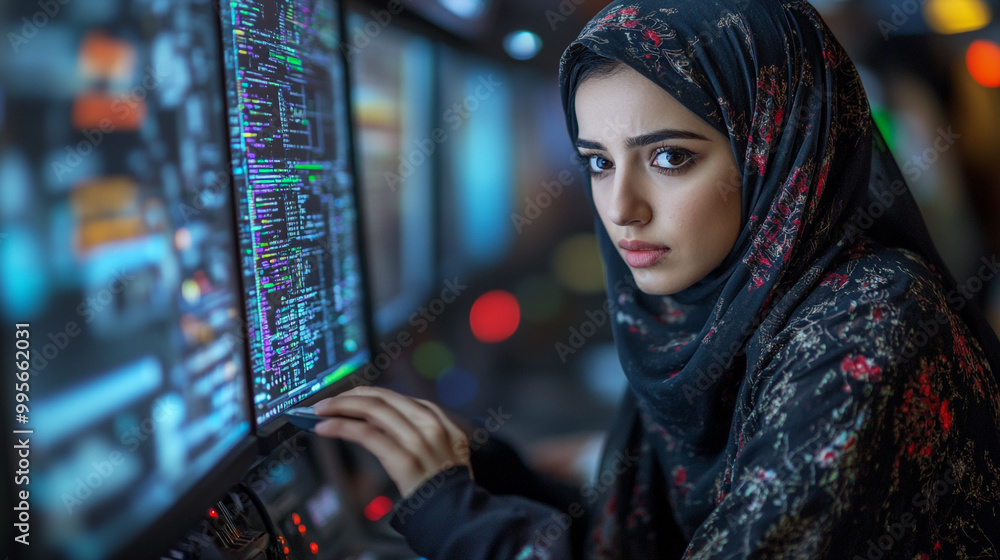 Focused woman in a hijab working at a control panel with colorful displays, showcasing technology and dedication. Focused woman in a hijab working at a control panel with colorful displays, showcasing technology and dedication.