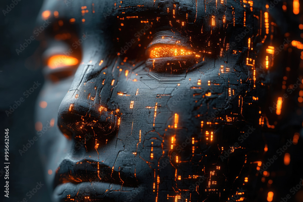 Naklejka premium Human face with techy elemnts, digital transformation concept base art