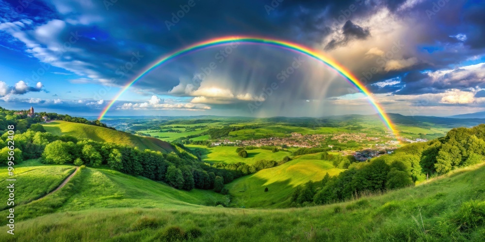 Scenic view of a lush green hillside with a rainbow arching over a distant town under a blue sky, nature, landscape Scenic view of a lush green hillside with a rainbow arching over a distant town under a blue sky, nature, landscape