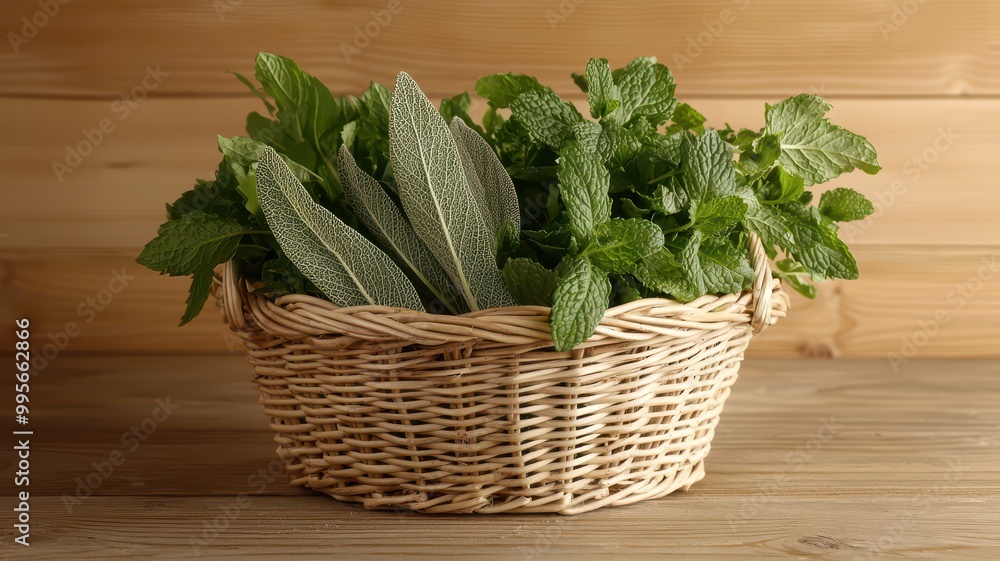 A woven basket filled with fresh green herbs, showcasing a variety of textures and shades against a warm wooden backdrop. A woven basket filled with fresh green herbs, showcasing a variety of textures and shades against a warm wooden backdrop.