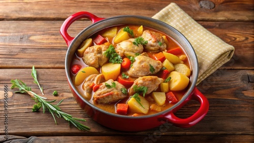 Chicken stew with potatoes and carrots in red saucepan, comfort food, recipe, chicken, stew, potatoes, carrots, red, saucepan