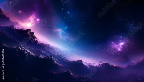 mystical purple-blue cosmic vista with mountains, stars, and nebula lights, a serene outer space background for fantasy or sci-fi visuals