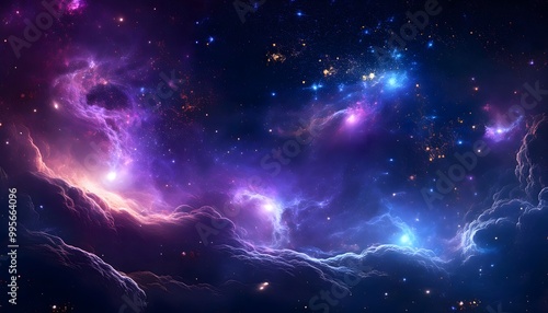 surreal cosmic mountain landscape with glowing purple and blue nebula, starry night sky, ideal for abstract space backgrounds