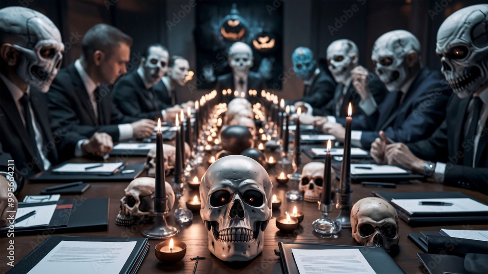 A group of professionals dressed in Halloween costumes, featuring skull masks and eerie decorations, participate in a themed business meeting. A group of professionals dressed in Halloween costumes, featuring skull masks and eerie decorations, participate in a themed business meeting.