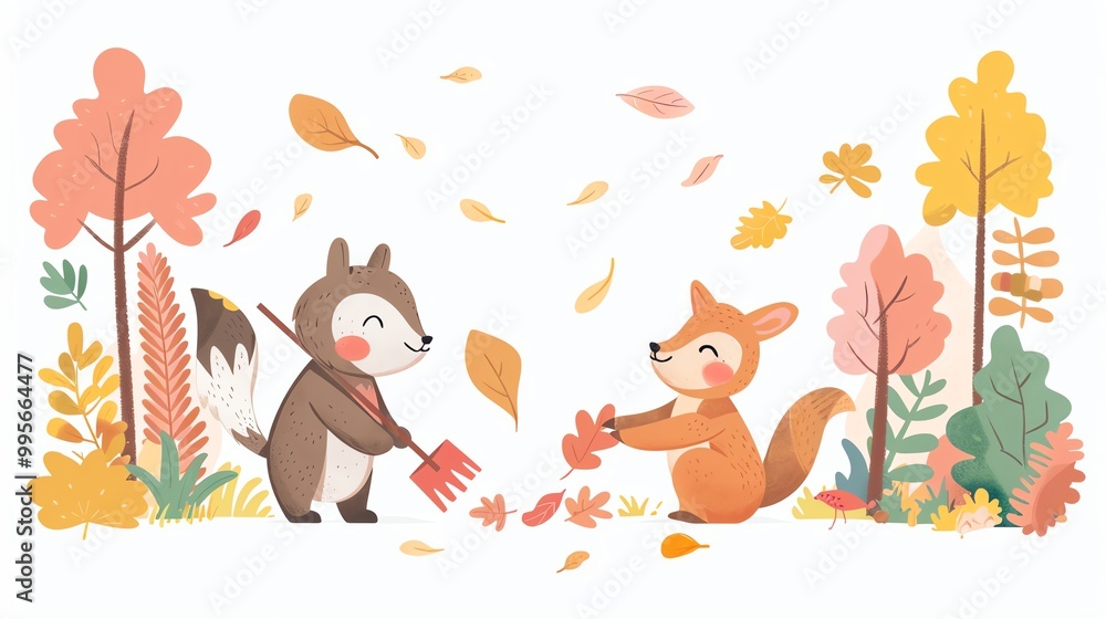Autumn activities, animals raking leaves, flat design illustration