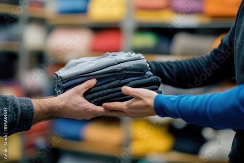 Two hands exchanging folded clothing in a retail or storage setting.