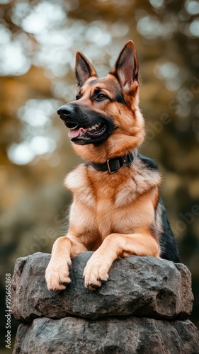 A German Shepherd resting on a rugged stone podium against a natural background.