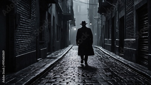 Silhouetted detective in trench coat walking down dark alley, film noir, mystery novel cover photo