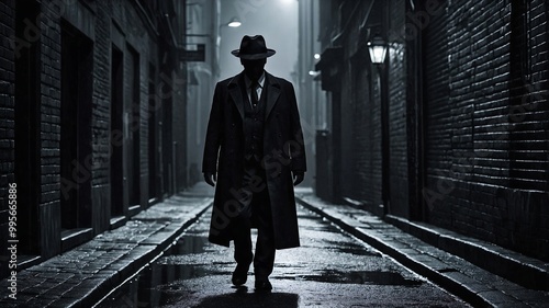 Mysterious man in a trench coat at night in dark alley, perfect for noir film poster photo