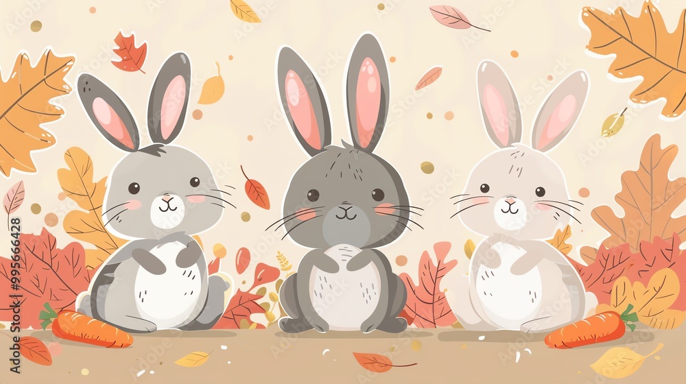 Cute animals in fall, bunnies with carrots, flat design illustration Cute animals in fall, bunnies with carrots, flat design illustration
