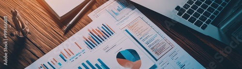 Financial Data Analysis: Graphs, Charts, and Laptop on Wooden Desk