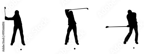 Set of silhouettes of a woman playing golf. Silhouette of female golfer in action pose.