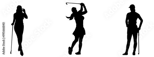 Set of female golfers silhouettes. People playing golf in various styles isolated on white background.