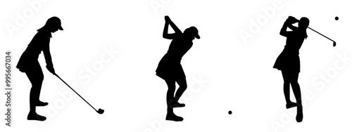 Vector set of female golf players silhouettes isolated in white background.