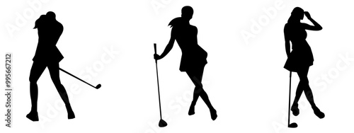 Vector set of female golf players silhouettes isolated in white background.